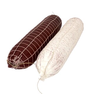 2 Stück Attrappen rote-weiße Salami im Netz ca. 40 x 9 x 9 cm
